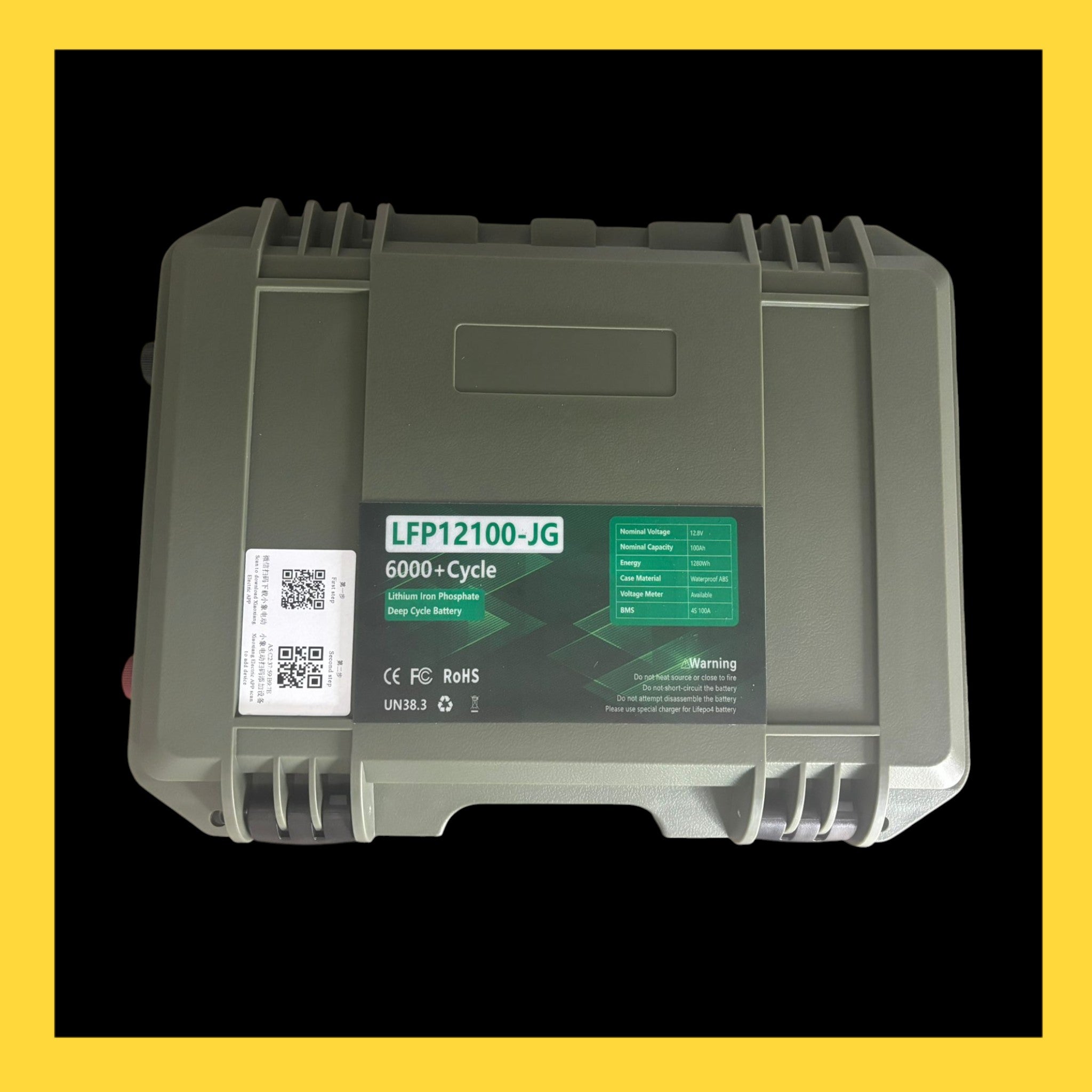 LiFePO₄ 12.8V 100Ah deep cycle battery (model LFP12100-JC) with 6000+ cycles and integrated BMS. - Boat Charge Solutions