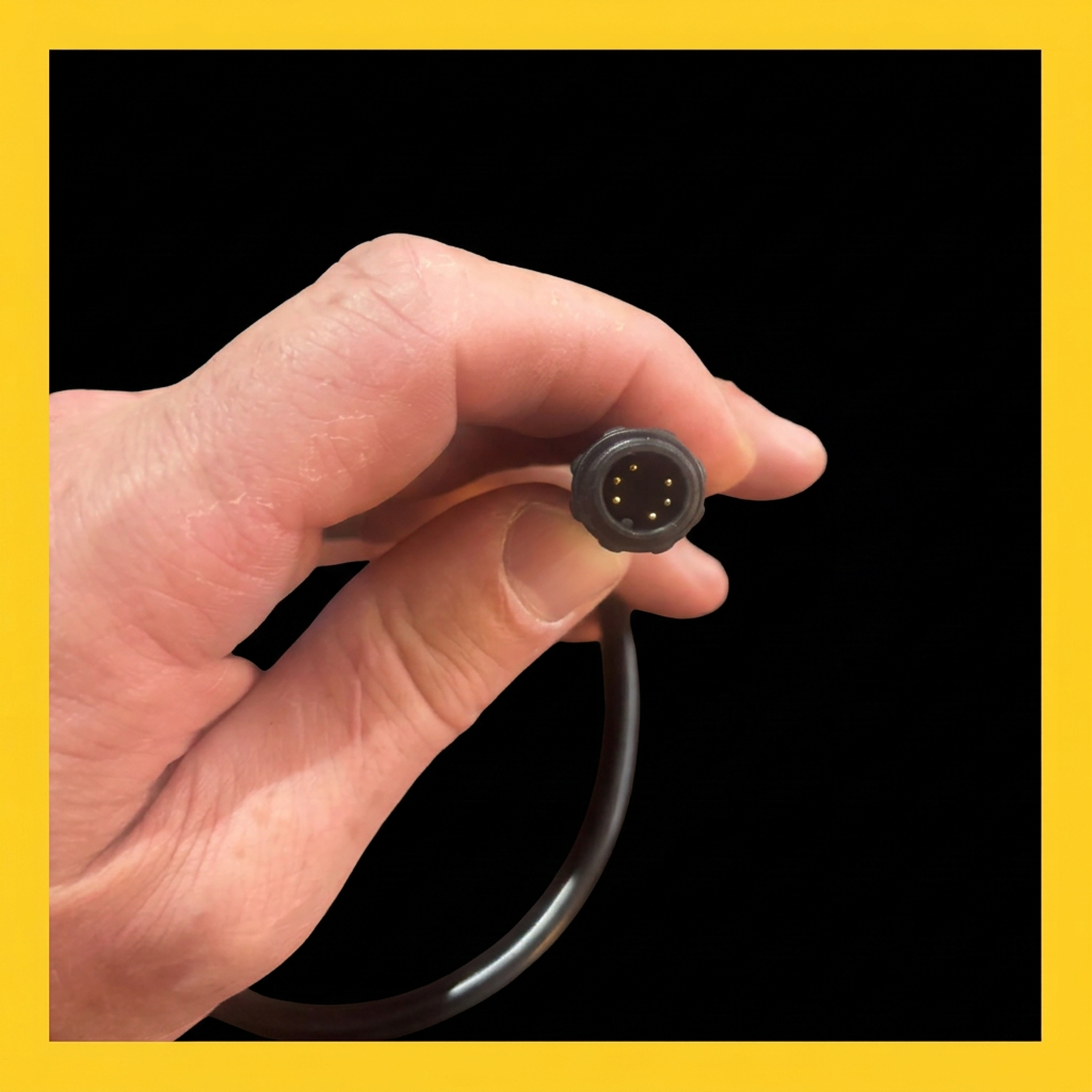 Throttle extension cable connector close-up with black background and yellow border
