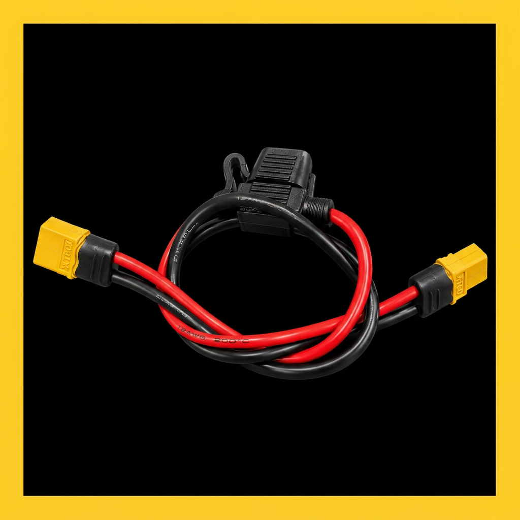 XT60 fuse breaker cable on a square black background with a yellow border