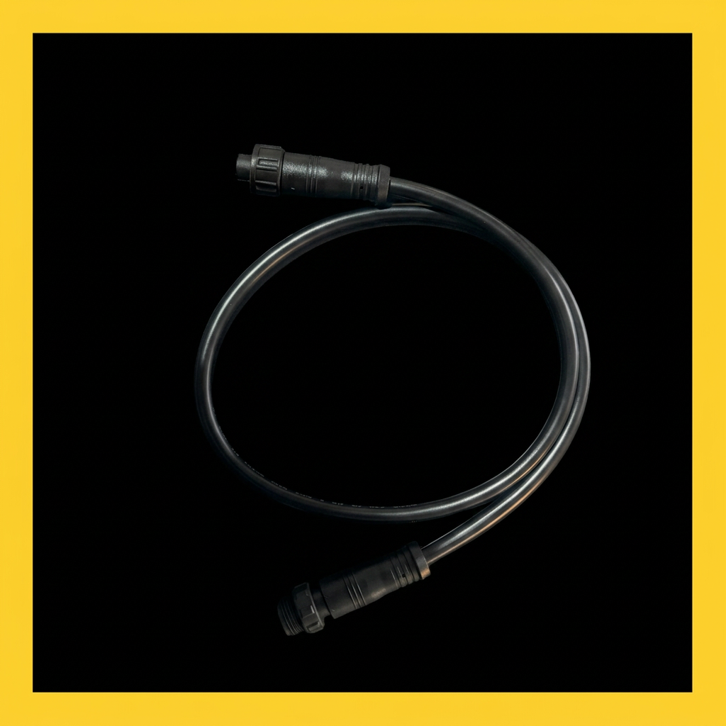 Throttle extension cable with connectors on a black background with a yellow border