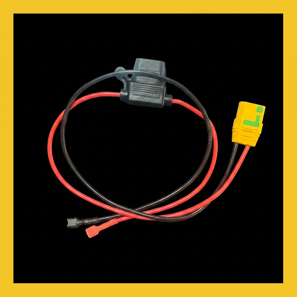 XT90 female battery connection lead with inline fuse holder on a square black background with a yellow border