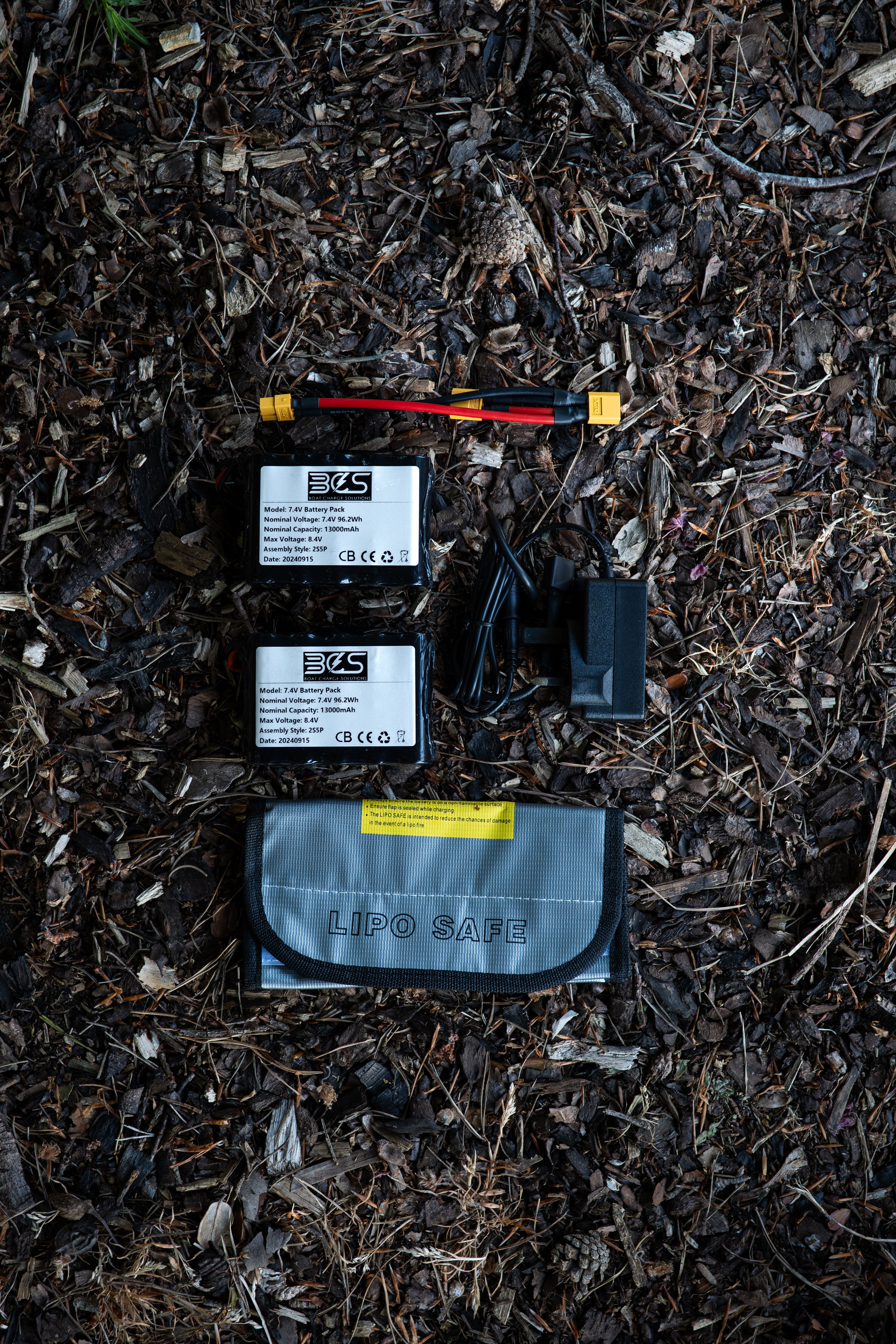 2 batteries - a lipo bag - and a charger 